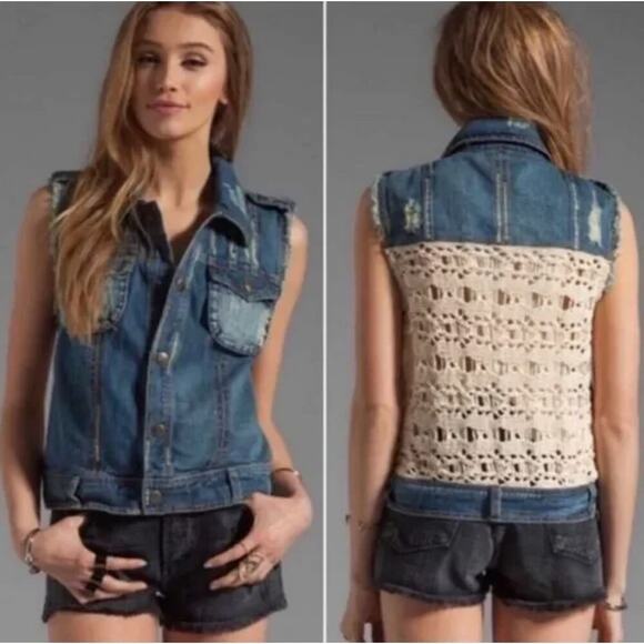 Free People sz XS boho blue jean‎ distressed Crocheted denim vest - Picture 1 of 10